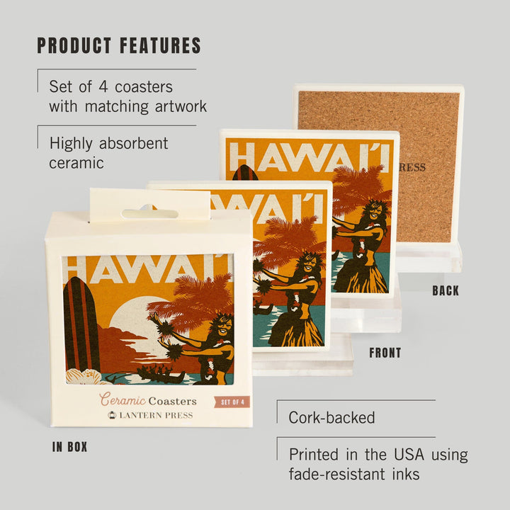 Hawai'i, Woodblock, Lantern Press Artwork, Coaster Set - Lantern Press