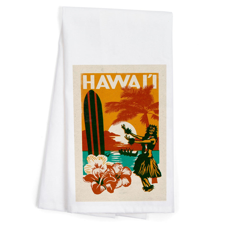Hawai'i, Woodblock, Organic Cotton Kitchen Tea Towels Kitchen Lantern Press 