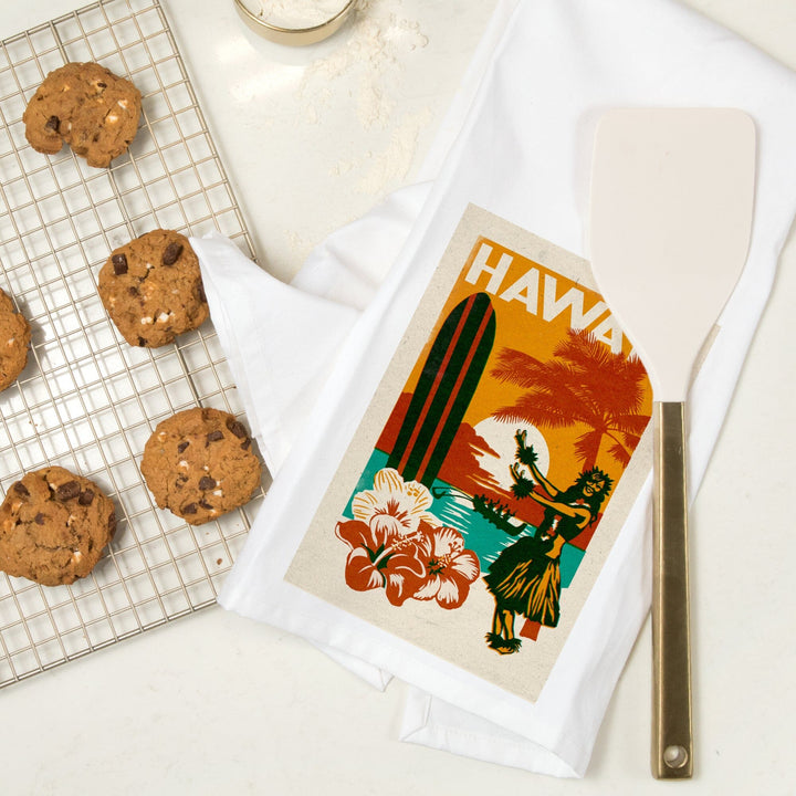 Hawai'i, Woodblock, Organic Cotton Kitchen Tea Towels Kitchen Lantern Press 