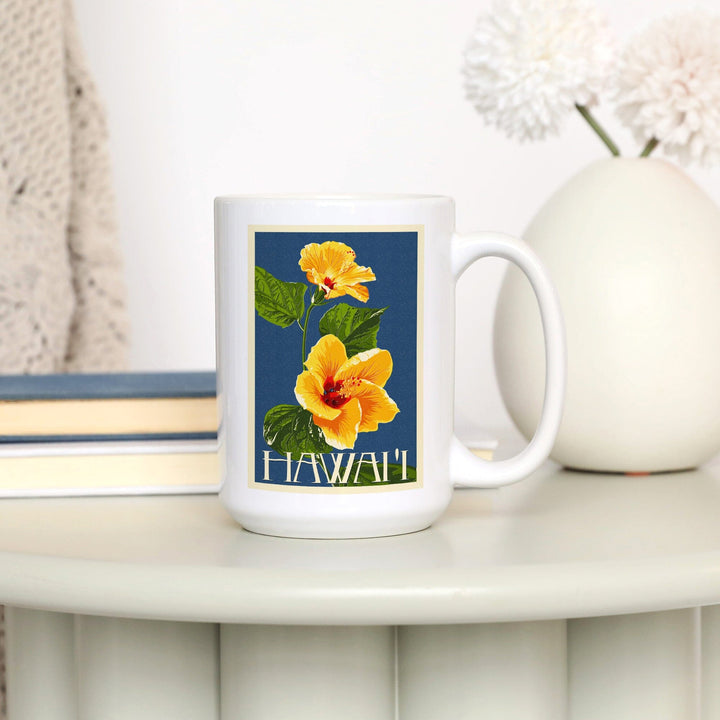 Hawaii, Yellow Hibiscus Flower Letterpress, Lantern Press Artwork, Ceramic Mug Mugs Lantern Press 
