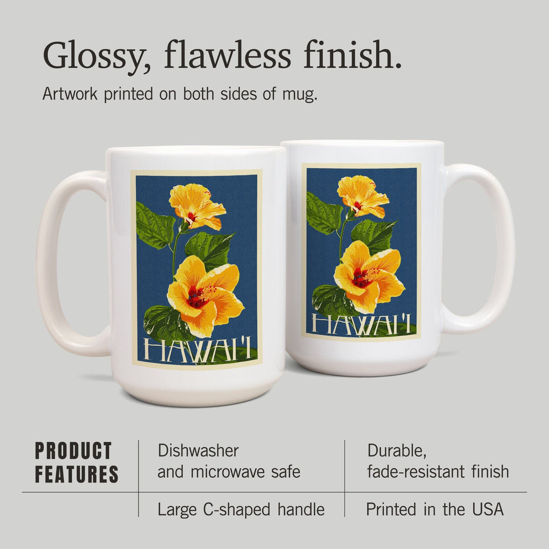 Hawaii, Yellow Hibiscus Flower Letterpress, Lantern Press Artwork, Ceramic Mug Mugs Lantern Press 