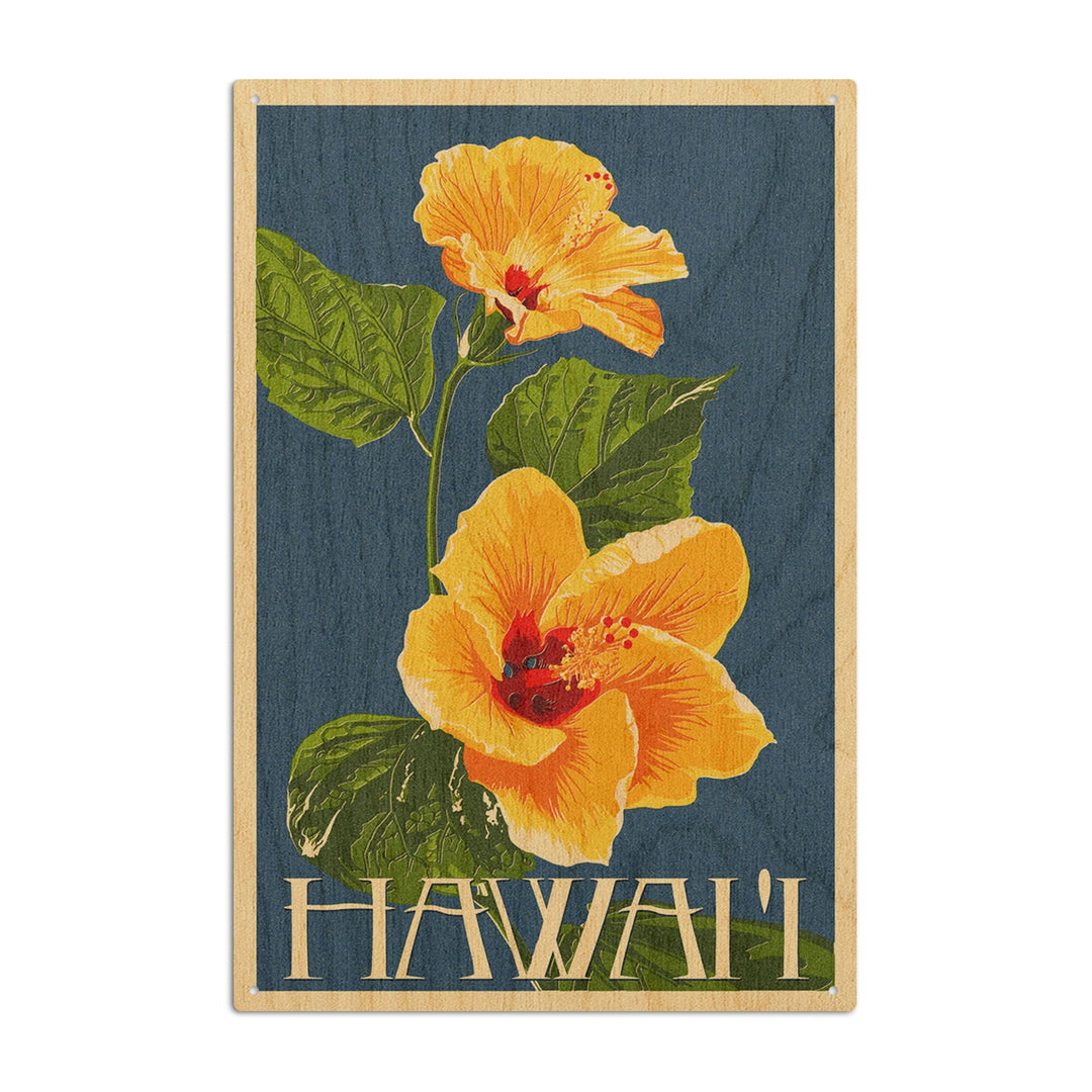Hawaii, Yellow Hibiscus Flower Letterpress, Lantern Press Artwork, Wood Signs and Postcards Wood Lantern Press 10 x 15 Wood Sign 