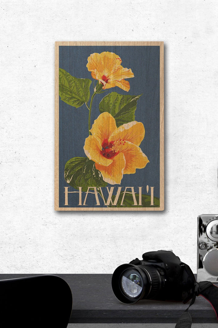 Hawaii, Yellow Hibiscus Flower Letterpress, Lantern Press Artwork, Wood Signs and Postcards Wood Lantern Press 12 x 18 Wood Gallery Print 