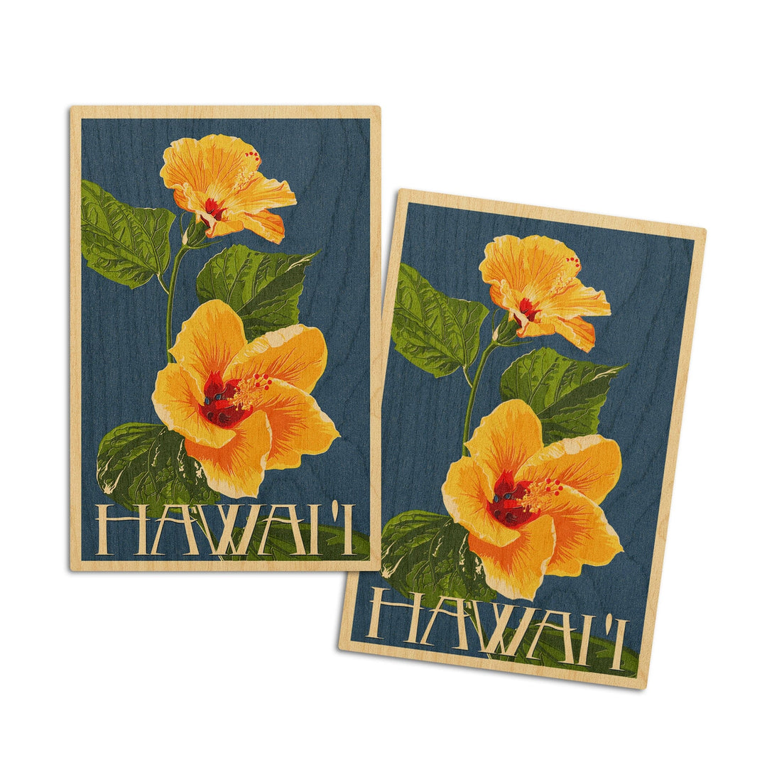 Hawaii, Yellow Hibiscus Flower Letterpress, Lantern Press Artwork, Wood Signs and Postcards Wood Lantern Press 4x6 Wood Postcard Set 