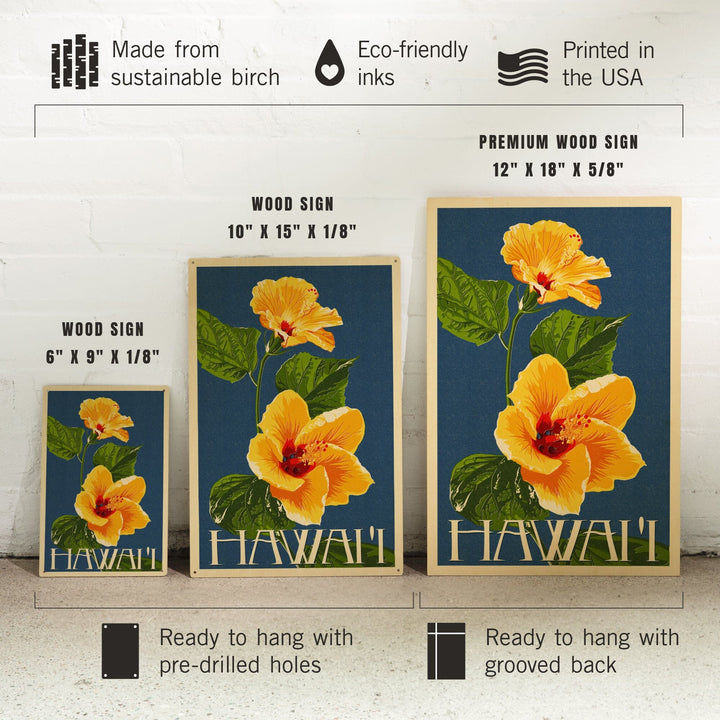Hawaii, Yellow Hibiscus Flower Letterpress, Lantern Press Artwork, Wood Signs and Postcards Wood Lantern Press 