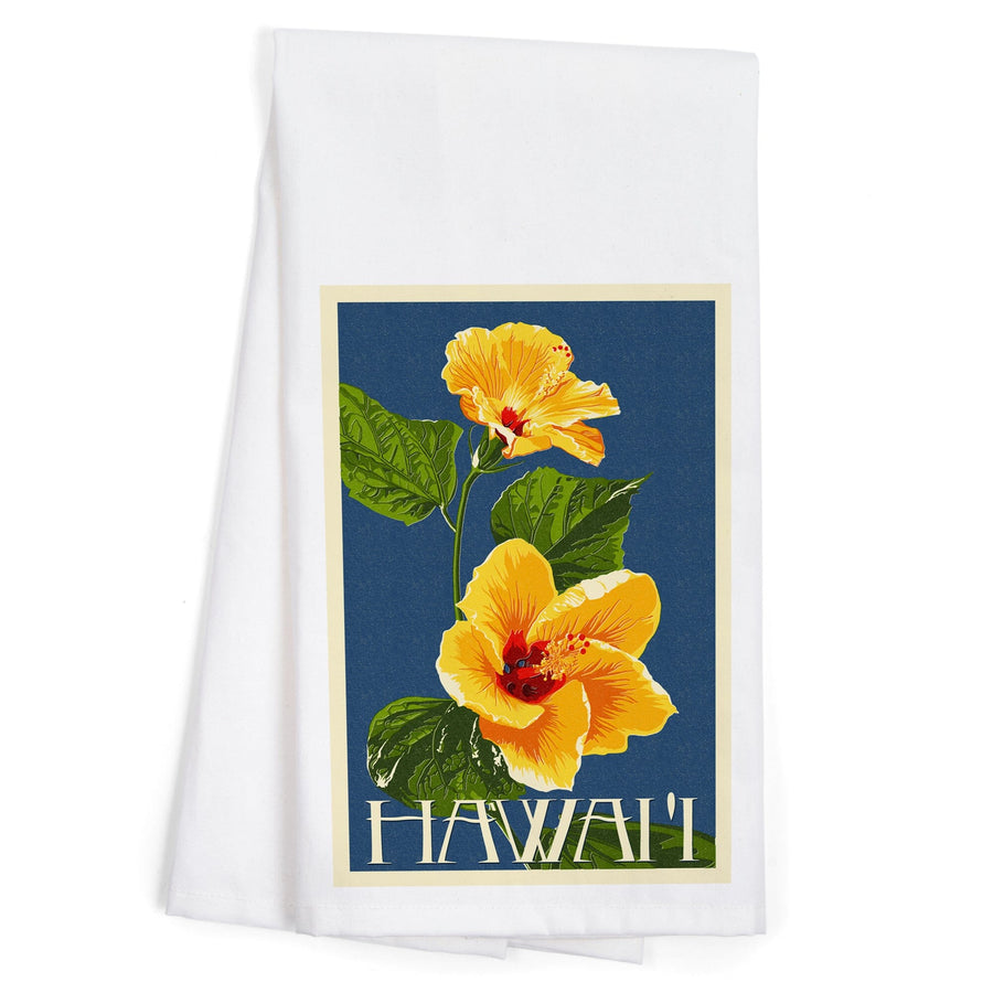 Hawaii, Yellow Hibiscus Flower Letterpress, Organic Cotton Kitchen Tea Towels Kitchen Lantern Press 
