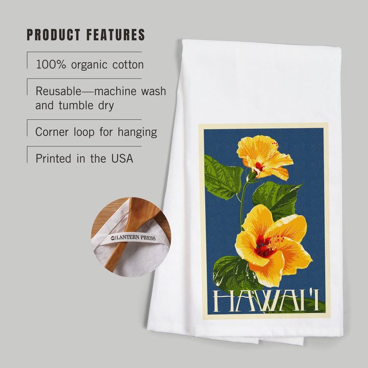 Hawaii, Yellow Hibiscus Flower Letterpress, Organic Cotton Kitchen Tea Towels Kitchen Lantern Press 