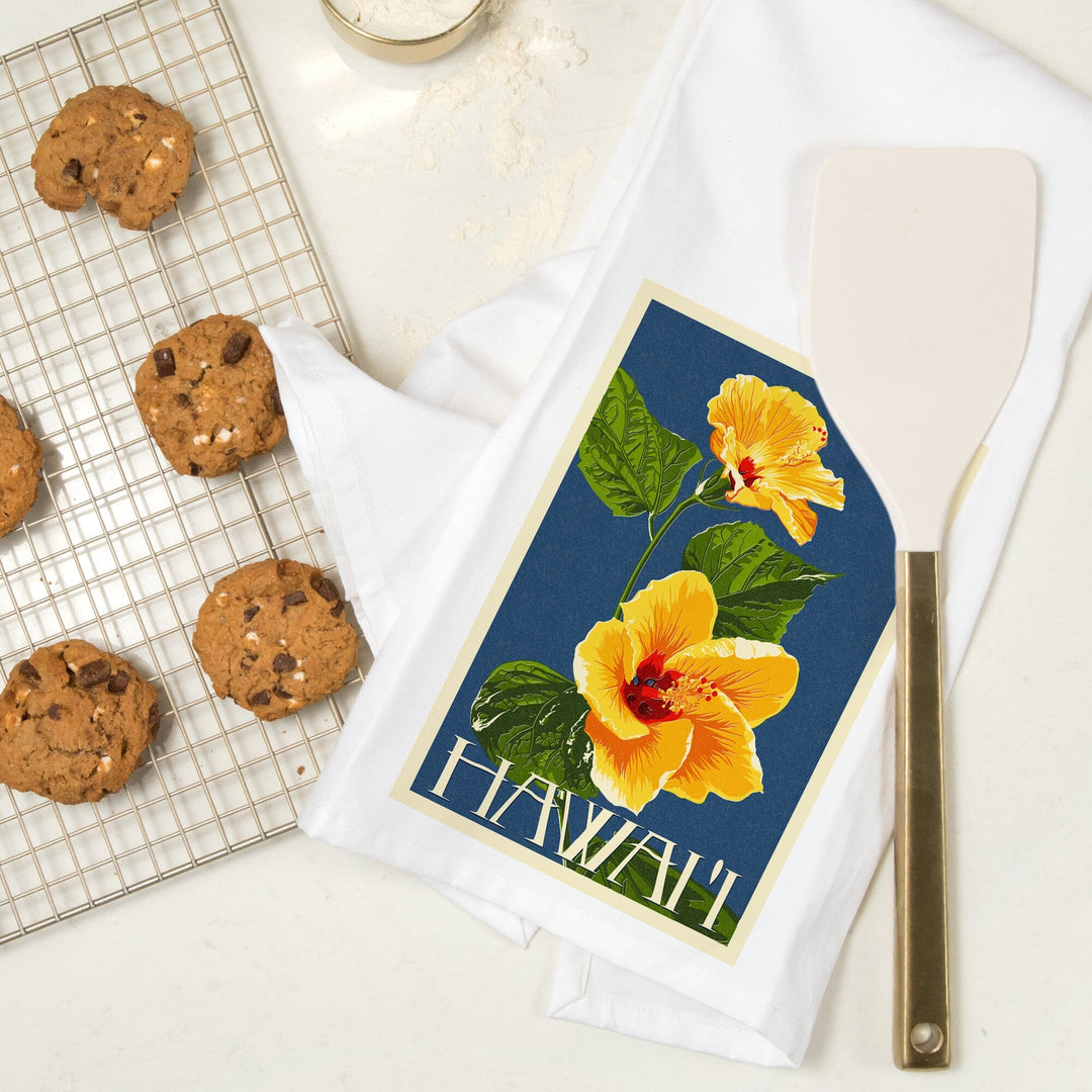 Hawaii, Yellow Hibiscus Flower Letterpress, Organic Cotton Kitchen Tea Towels Kitchen Lantern Press 