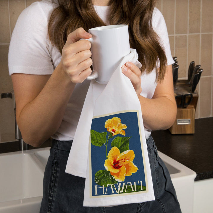 Hawaii, Yellow Hibiscus Flower Letterpress, Organic Cotton Kitchen Tea Towels Kitchen Lantern Press 