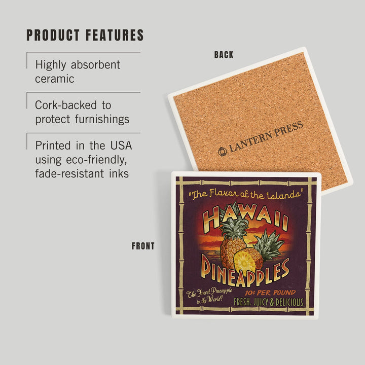 Hawaiian Pineapple Vintage Sign, Coasters Coasters Lantern Press 
