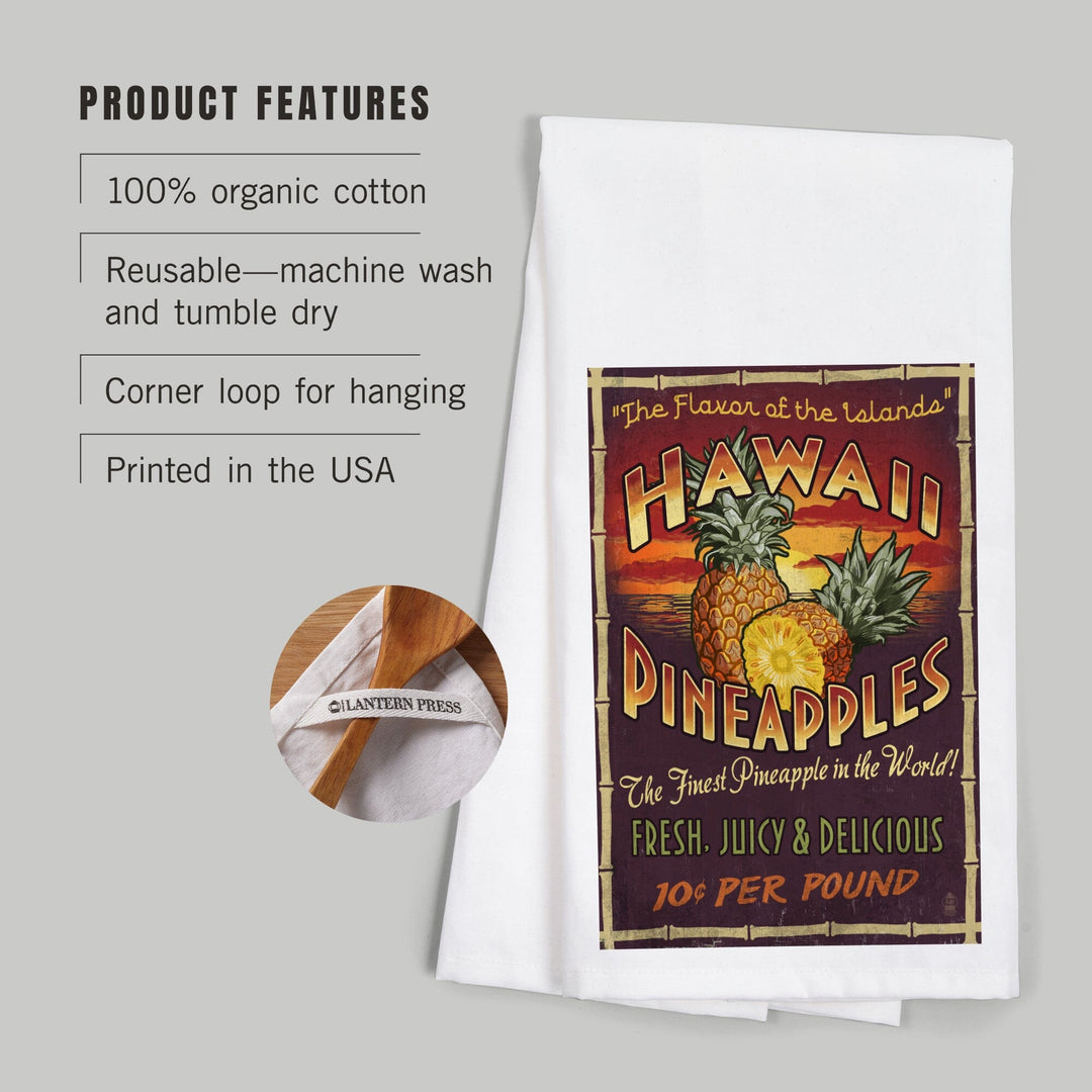 Hawaiian Pineapple Vintage Sign, Organic Cotton Kitchen Tea Towels Kitchen Lantern Press 