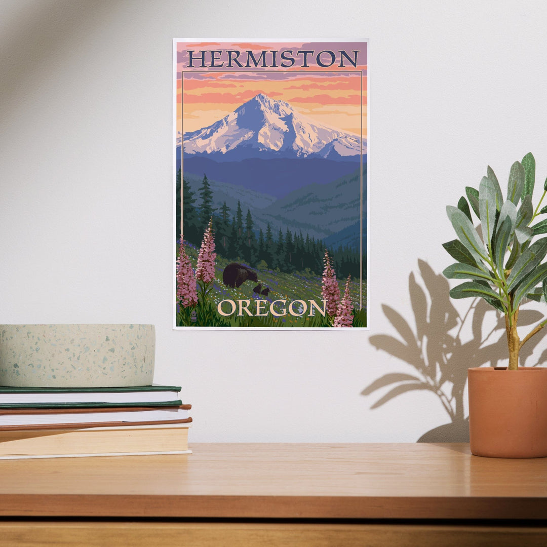 Hermiston, Oregon, Bear Family and Spring Flowers, Art & Giclee Prints - Lantern Press