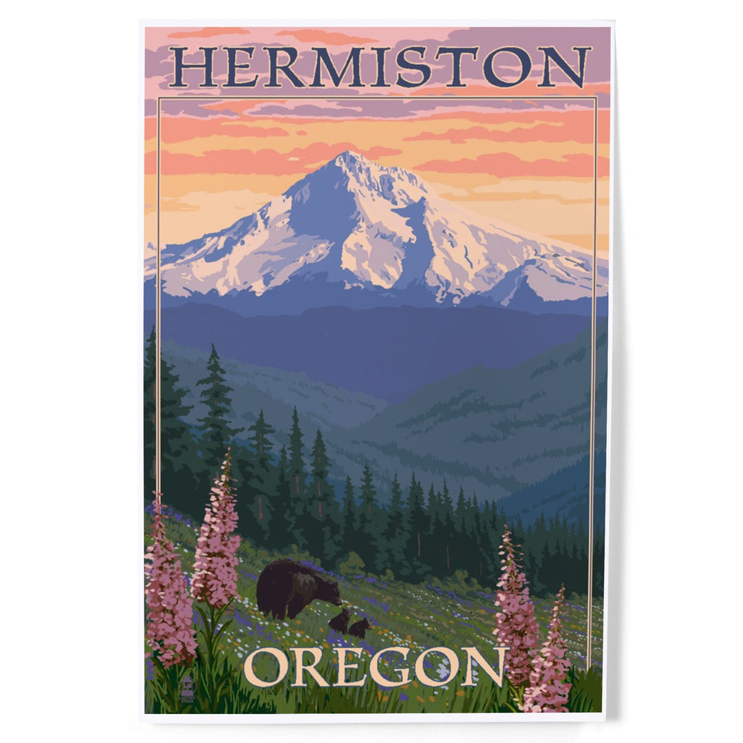 Hermiston, Oregon, Bear Family and Spring Flowers, Art & Giclee Prints - Lantern Press