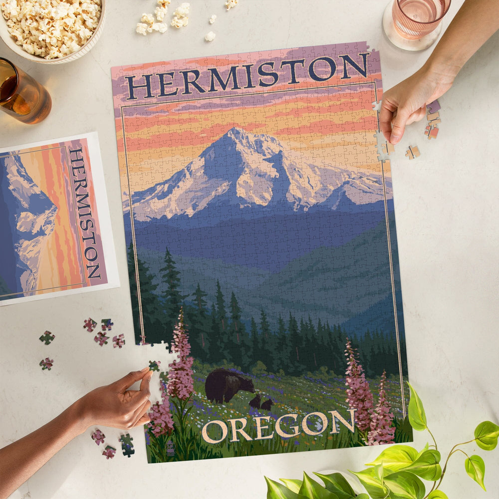 Hermiston, Oregon, Bear Family and Spring Flowers, Jigsaw Puzzle Puzzle Lantern Press 