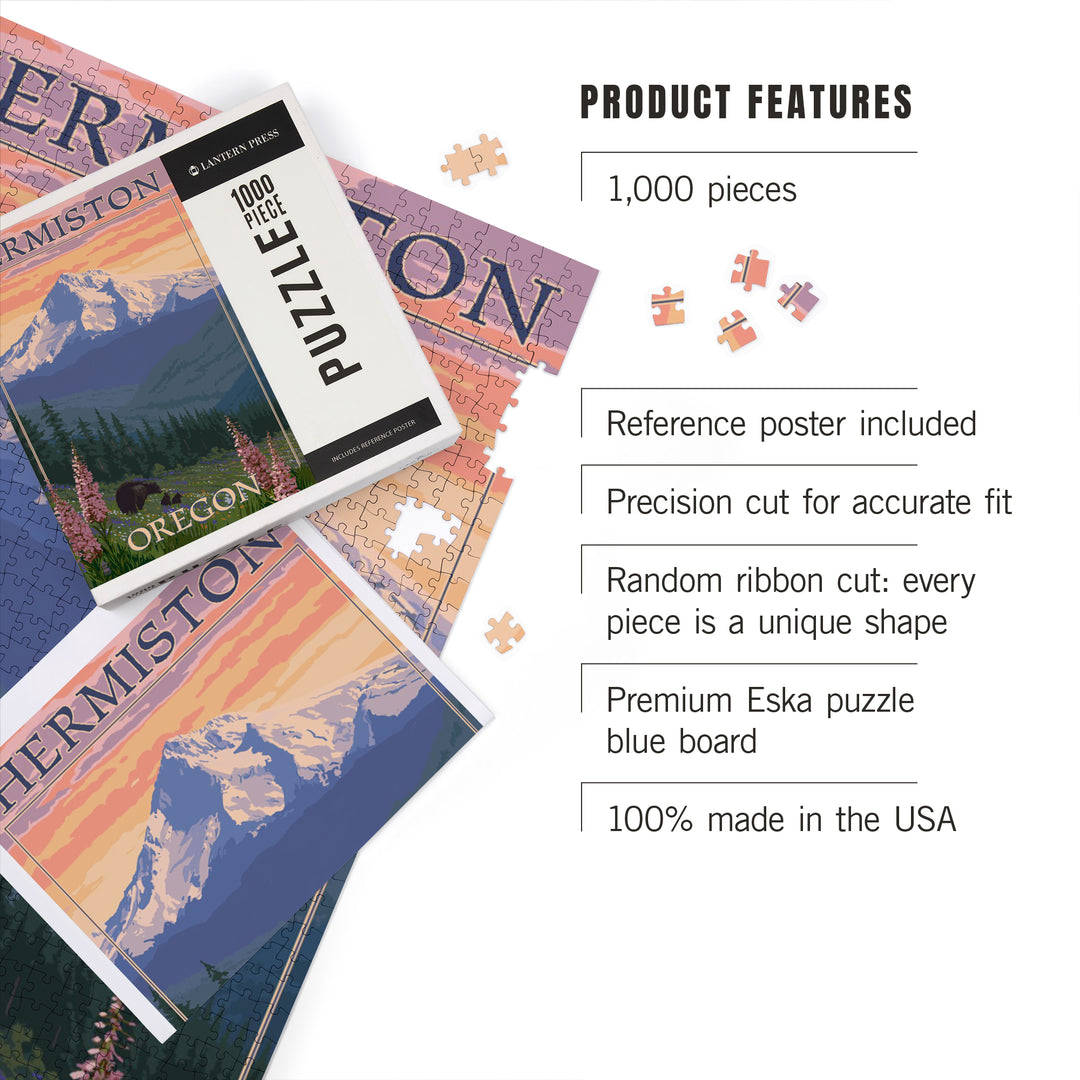 Hermiston, Oregon, Bear Family and Spring Flowers, Jigsaw Puzzle Puzzle Lantern Press 