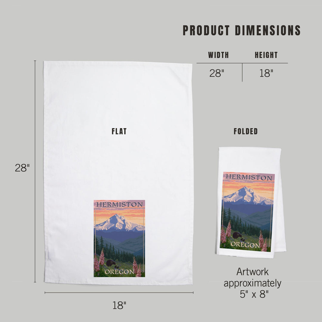 Hermiston, Oregon, Bear Family and Spring Flowers, Organic Cotton Kitchen Tea Towels Kitchen Lantern Press 