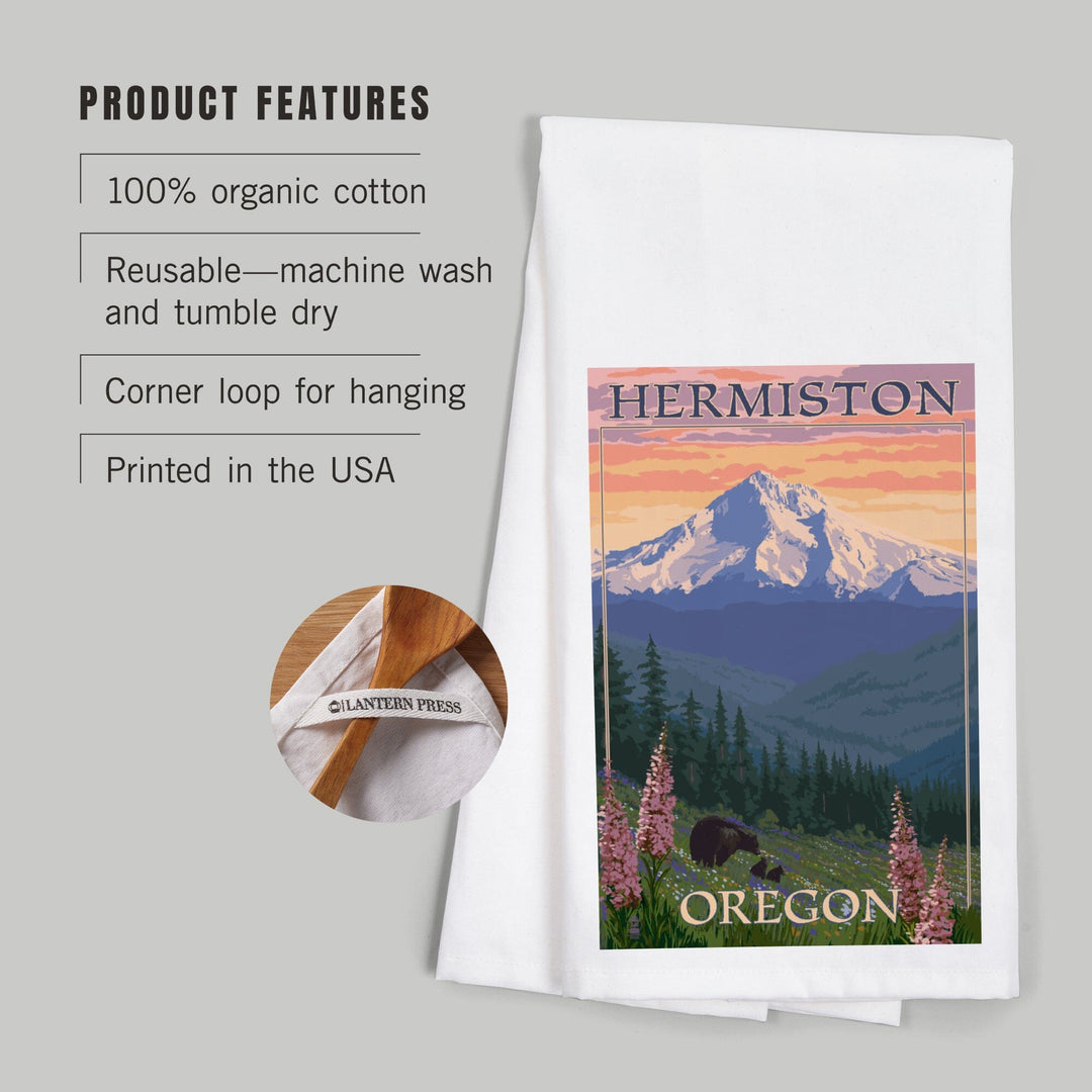 Hermiston, Oregon, Bear Family and Spring Flowers, Organic Cotton Kitchen Tea Towels Kitchen Lantern Press 