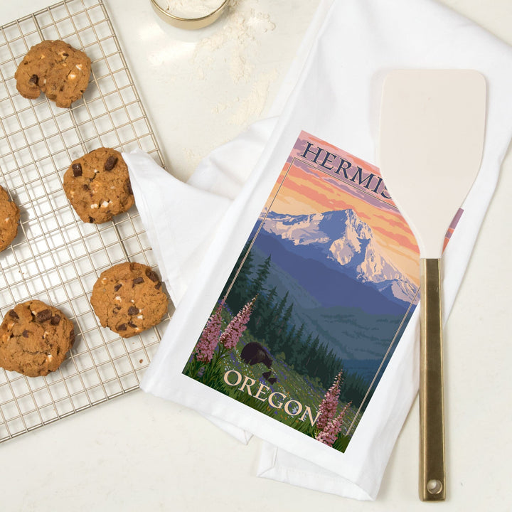 Hermiston, Oregon, Bear Family and Spring Flowers, Organic Cotton Kitchen Tea Towels Kitchen Lantern Press 