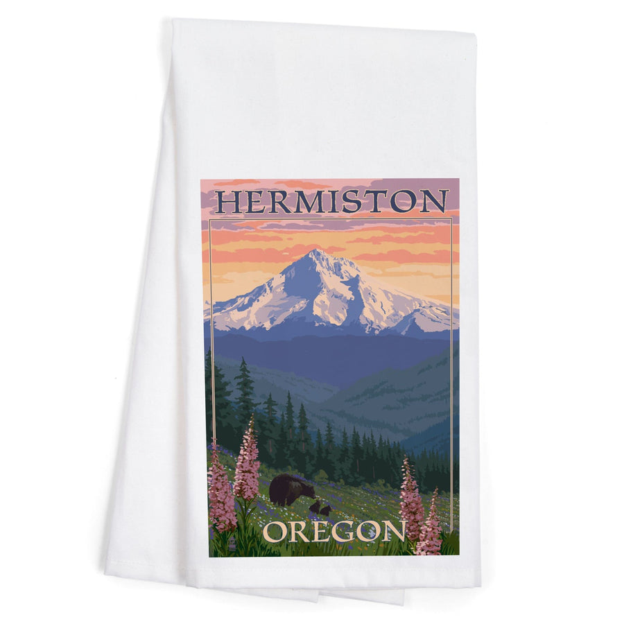 Hermiston, Oregon, Bear Family and Spring Flowers, Organic Cotton Kitchen Tea Towels Kitchen Lantern Press 