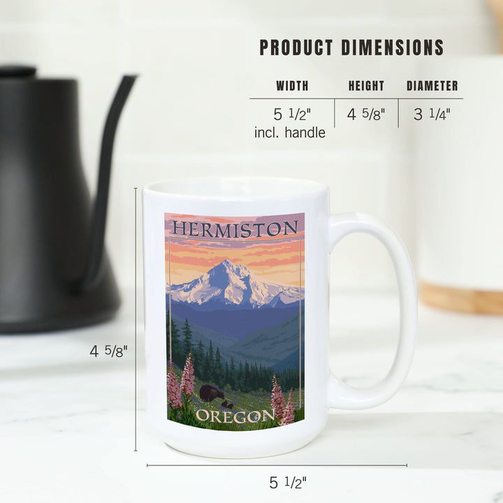 Hermiston, Oregon, Bear Family & Spring Flowers, Lantern Press Artwork, Ceramic Mug - Lantern Press