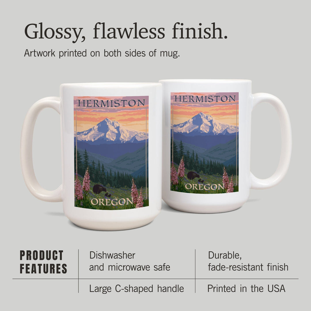 Hermiston, Oregon, Bear Family & Spring Flowers, Lantern Press Artwork, Ceramic Mug - Lantern Press