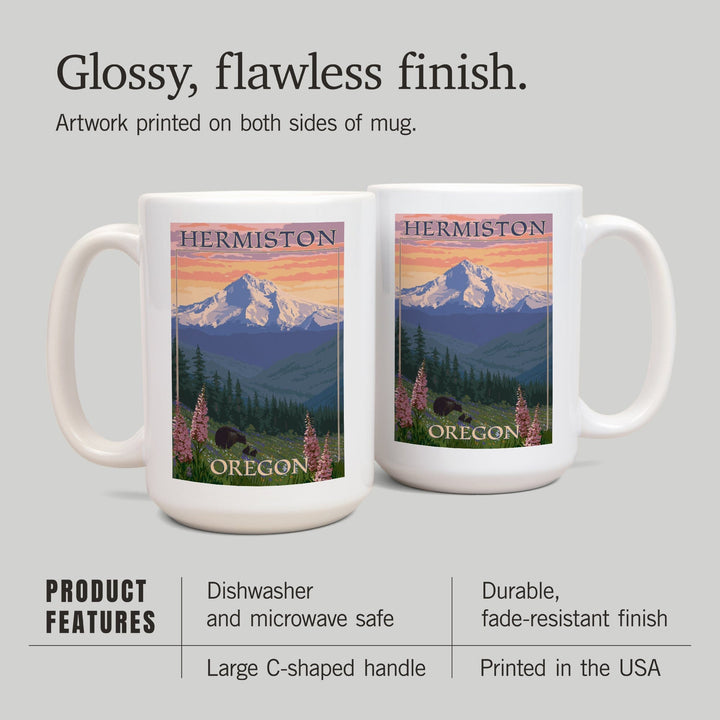 Hermiston, Oregon, Bear Family & Spring Flowers, Lantern Press Artwork, Ceramic Mug - Lantern Press