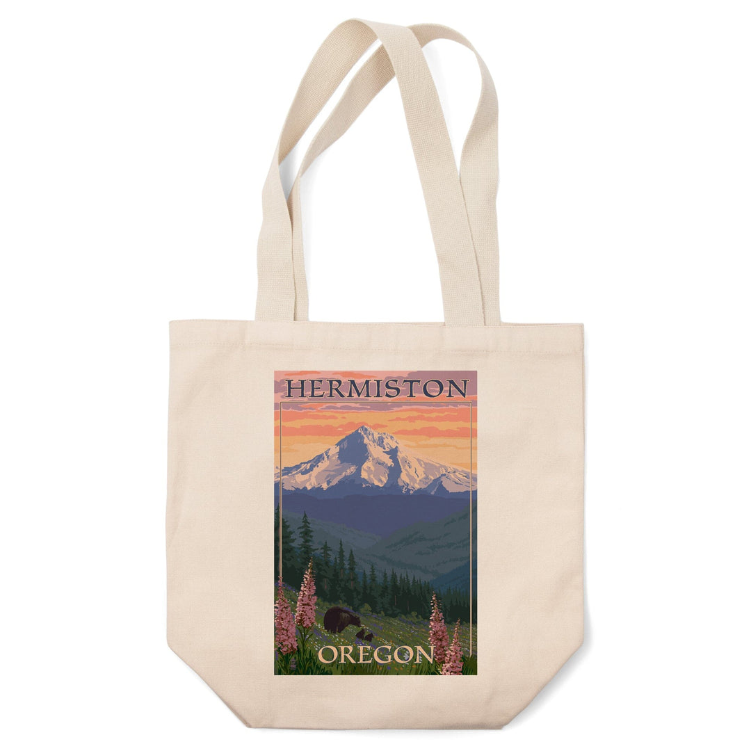 Hermiston, Oregon, Bear Family & Spring Flowers, Lantern Press Artwork, Tote Bag - Lantern Press