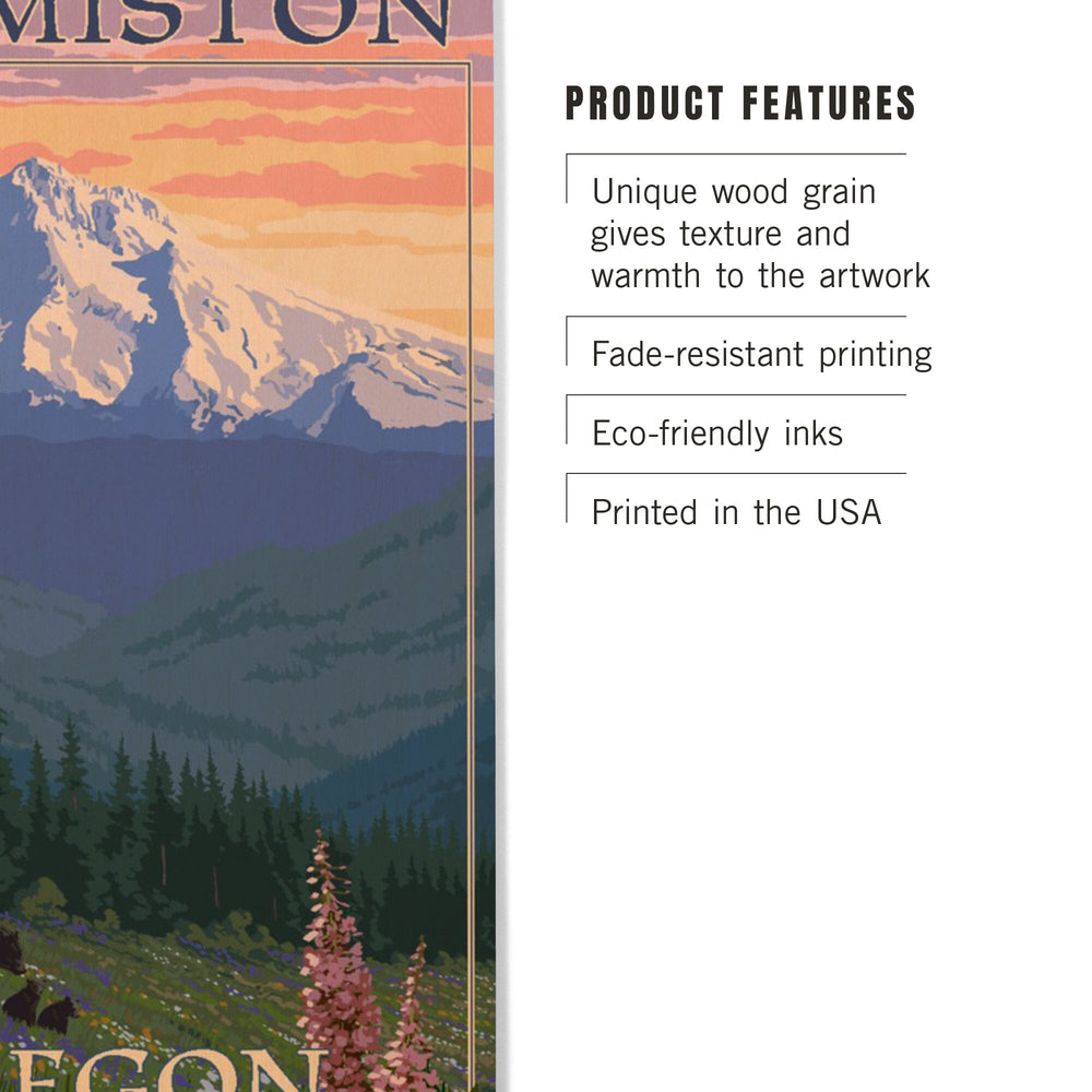 Hermiston, Oregon, Bear Family & Spring Flowers, Lantern Press Artwork, Wood Signs and Postcards - Lantern Press