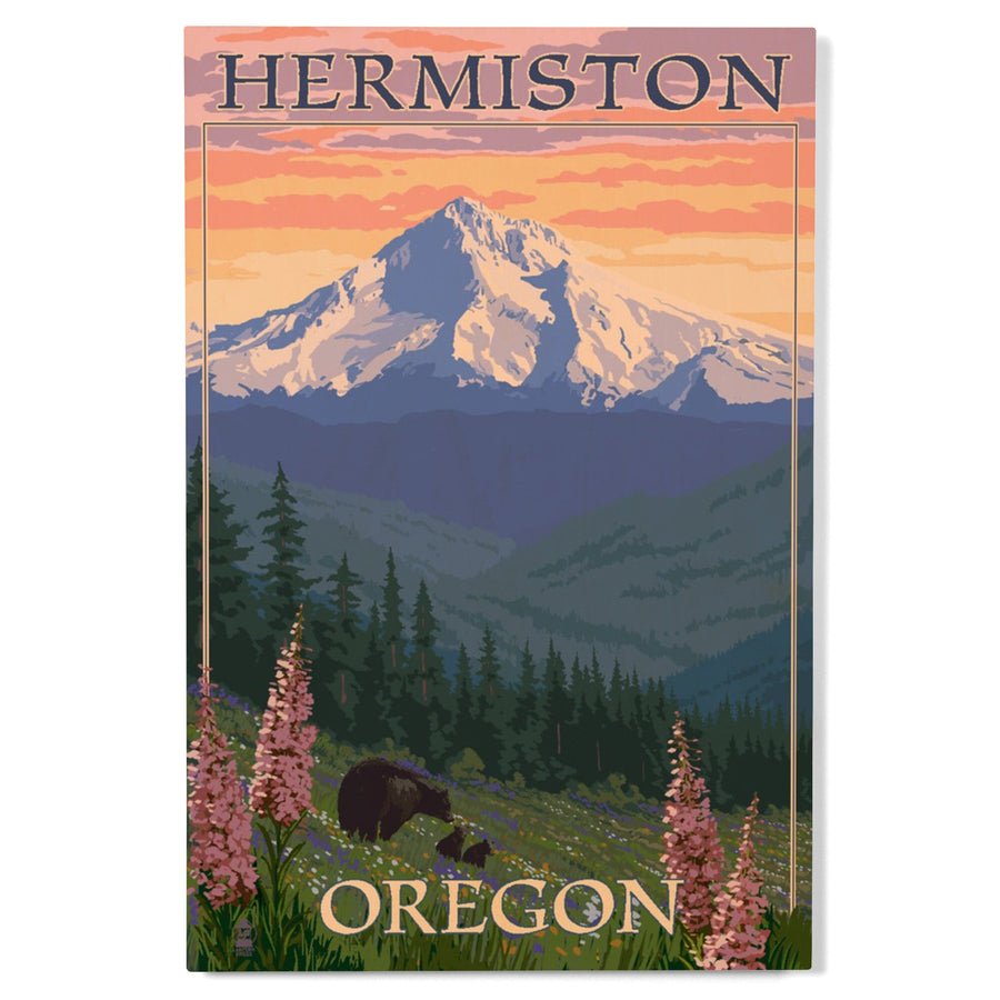 Hermiston, Oregon, Bear Family & Spring Flowers, Lantern Press Artwork, Wood Signs and Postcards - Lantern Press