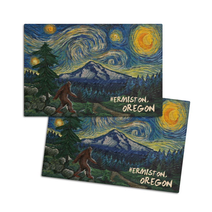 Hermiston, Oregon, Bigfoot, Starry Night, Lantern Press Artwork, Wood Signs and Postcards Wood Lantern Press 4x6 Wood Postcard Set 