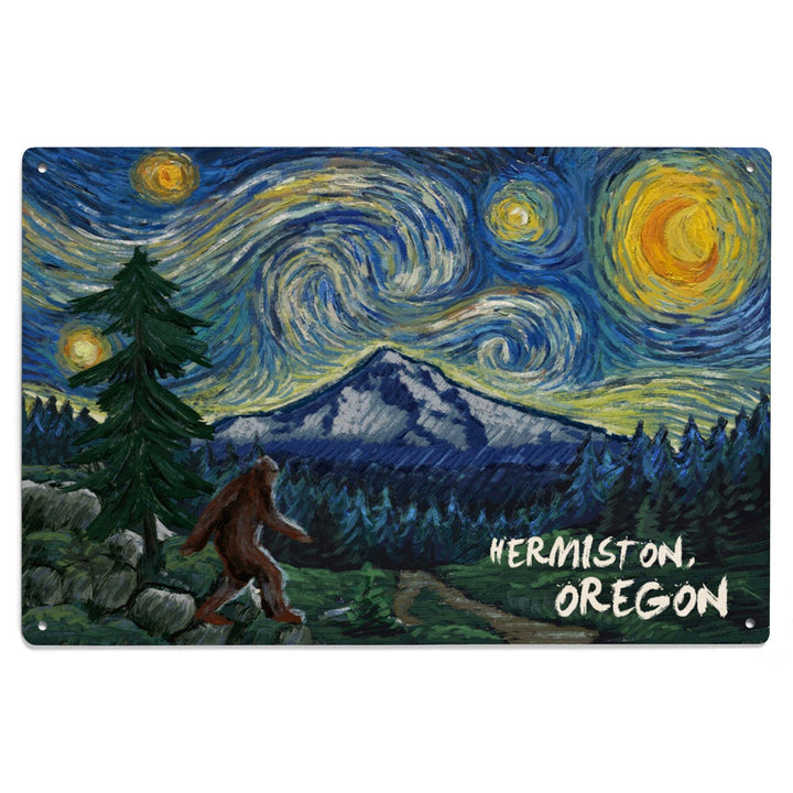 Hermiston, Oregon, Bigfoot, Starry Night, Lantern Press Artwork, Wood Signs and Postcards - Lantern Press