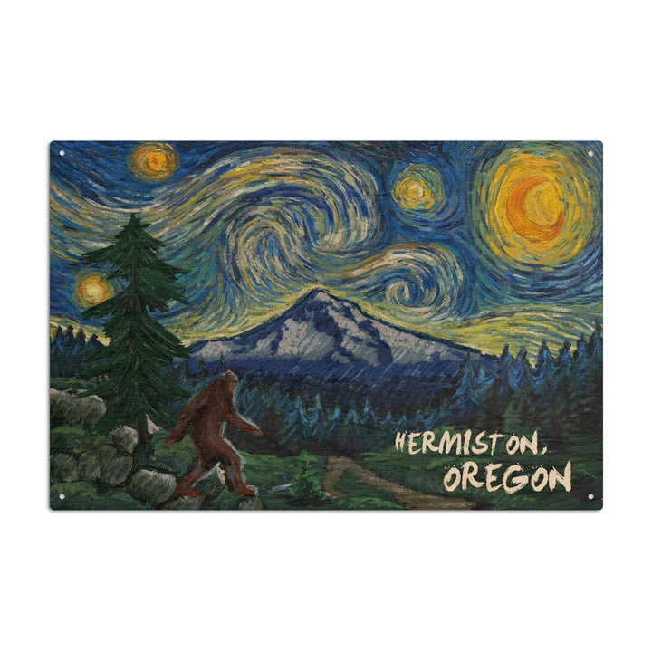 Hermiston, Oregon, Bigfoot, Starry Night, Lantern Press Artwork, Wood Signs and Postcards Wood Lantern Press 6x9 Wood Sign 