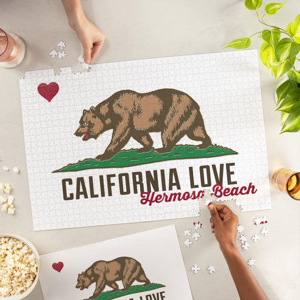Hermosa Beach, California, California Flag, Bear and Heart, Jigsaw Puzzle Puzzle Lantern Press 