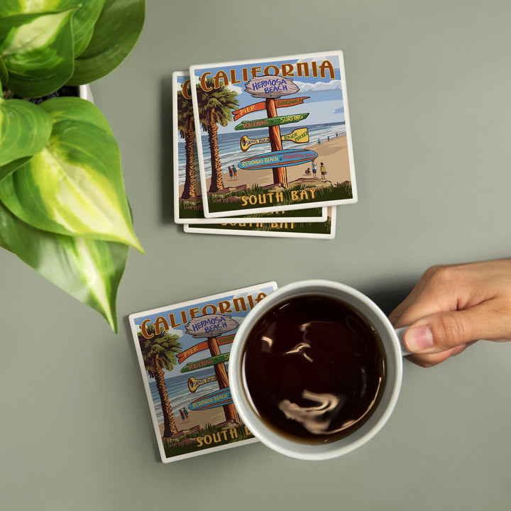 Hermosa Beach, California, Destinations Sign, Lantern Press Artwork, Coaster Set - Lantern Press