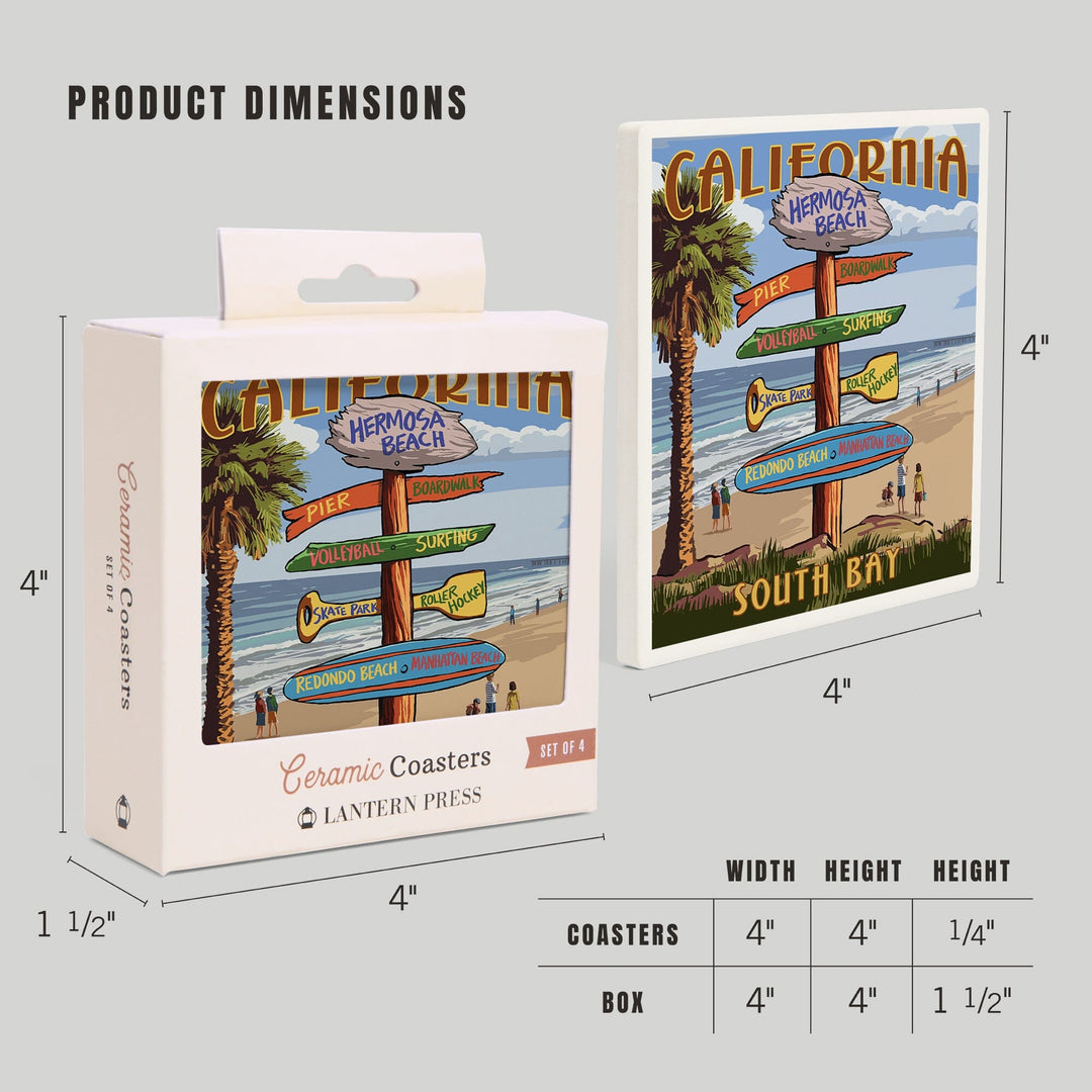 Hermosa Beach, California, Destinations Sign, Lantern Press Artwork, Coaster Set - Lantern Press