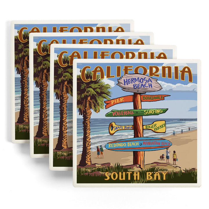 Hermosa Beach, California, Destinations Sign, Lantern Press Artwork, Coaster Set - Lantern Press