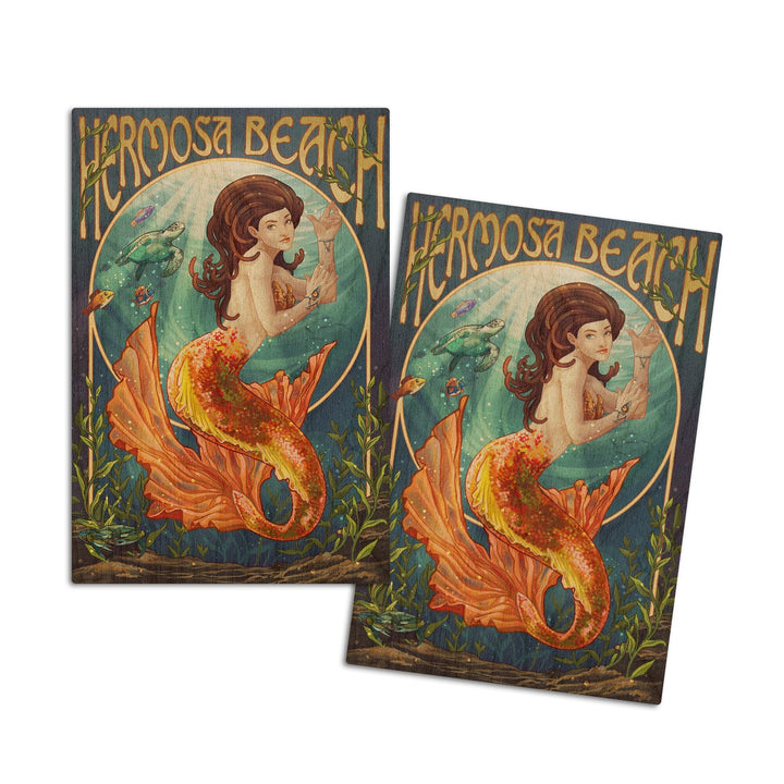 Hermosa Beach, California, Mermaid, Lantern Press Poster, Wood Signs and Postcards Wood Lantern Press 4x6 Wood Postcard Set 