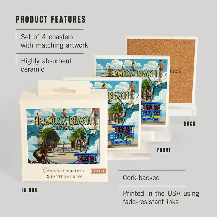 Hermosa Beach, California, Montage Scenes, Coasters Coasters Lantern Press 