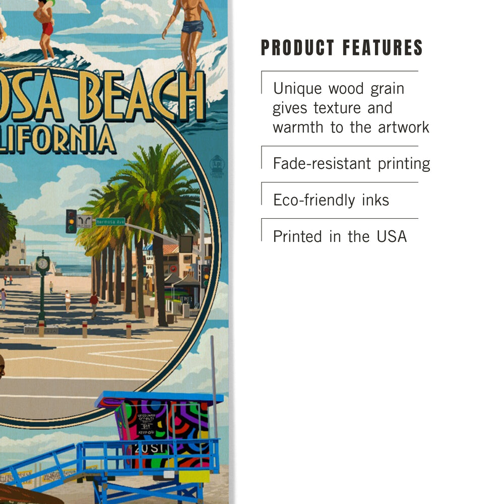 Hermosa Beach, California, Montage Scenes, Lantern Press Artwork, Wood Signs and Postcards Wood Lantern Press 