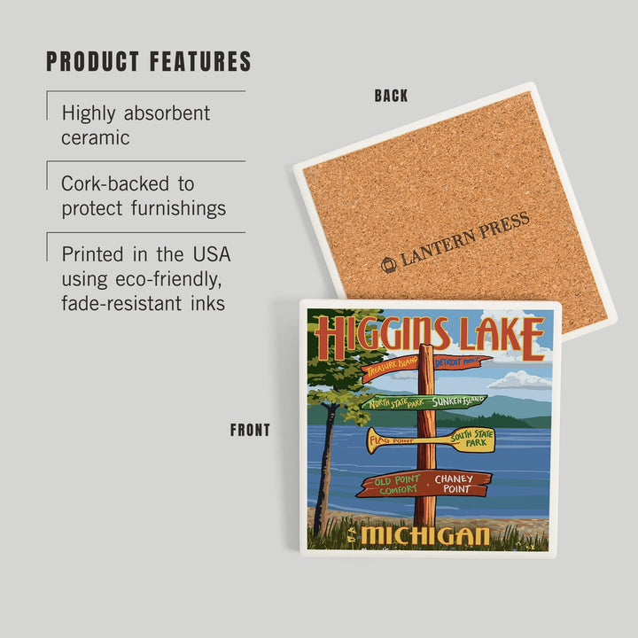 Higgins Lake, Michigan, Destinations Sign, Coasters Coasters Lantern Press 