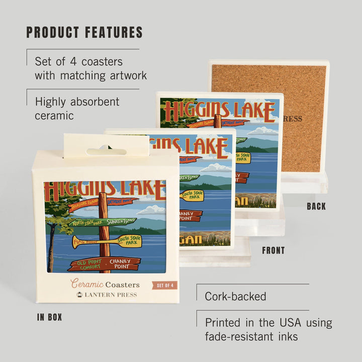 Higgins Lake, Michigan, Destinations Sign, Coasters Coasters Lantern Press 