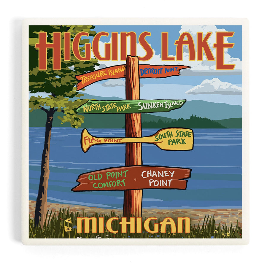 Higgins Lake, Michigan, Destinations Sign, Coasters Coasters Lantern Press 