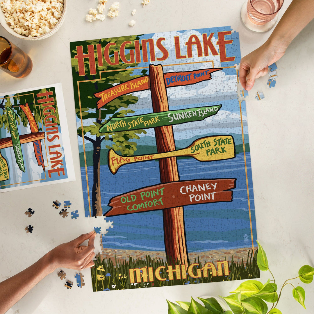 Higgins Lake, Michigan, Destinations Sign, Jigsaw Puzzle Puzzle Lantern Press 