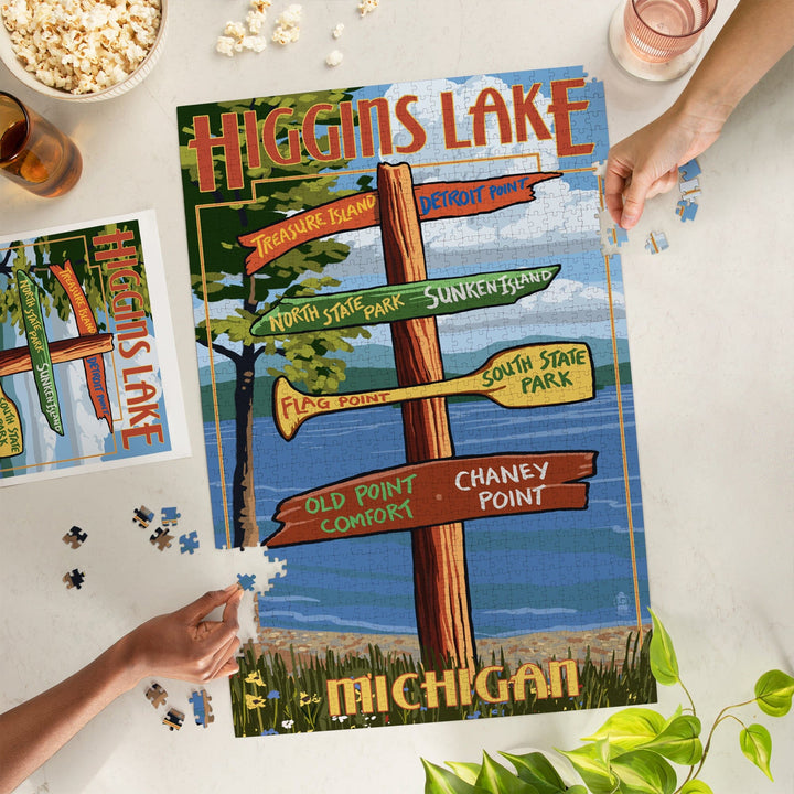 Higgins Lake, Michigan, Destinations Sign, Jigsaw Puzzle Puzzle Lantern Press 
