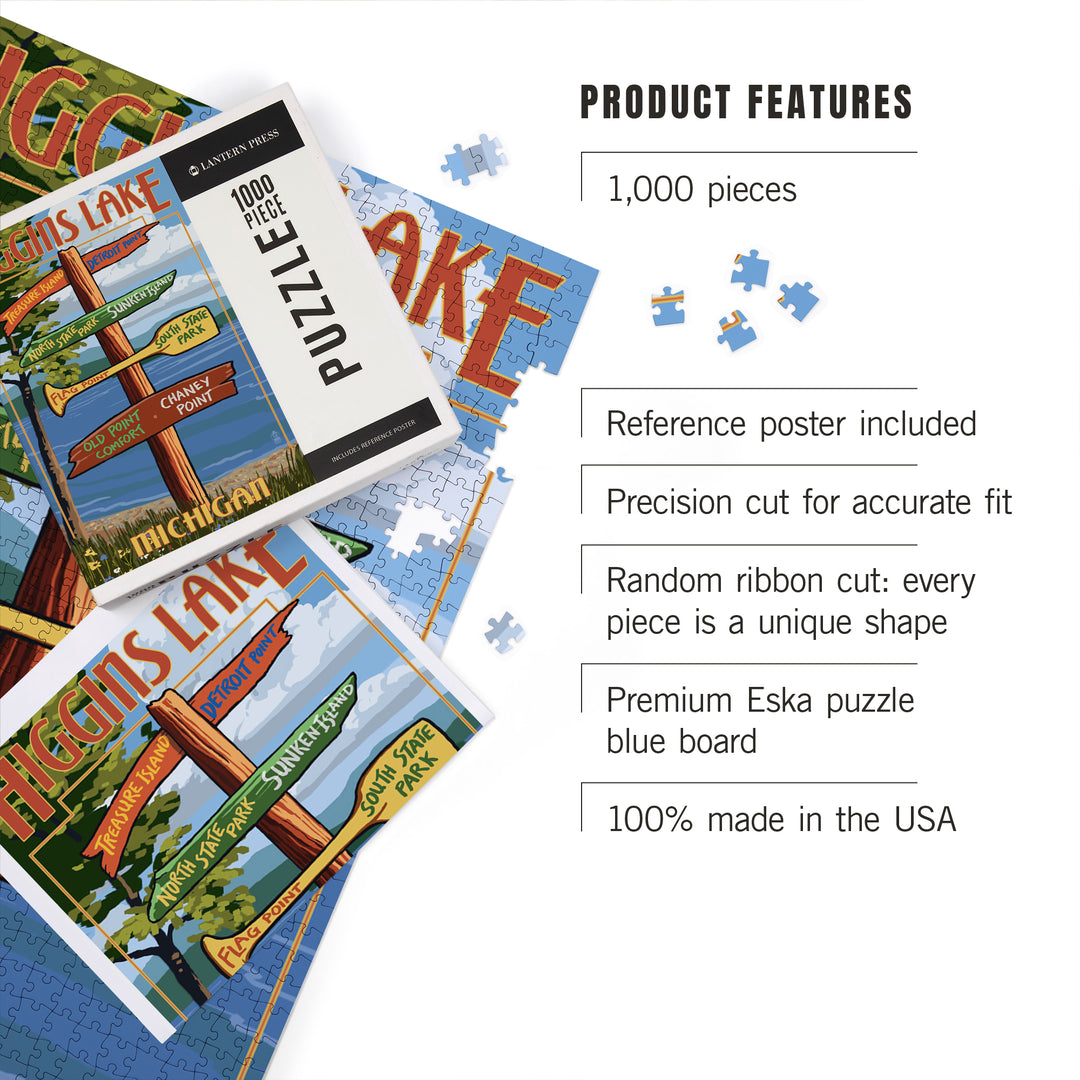 Higgins Lake, Michigan, Destinations Sign, Jigsaw Puzzle Puzzle Lantern Press 