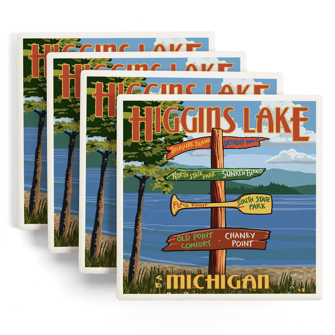 Higgins Lake, Michigan, Destinations Sign, Lantern Press Artwork, Coaster Set - Lantern Press