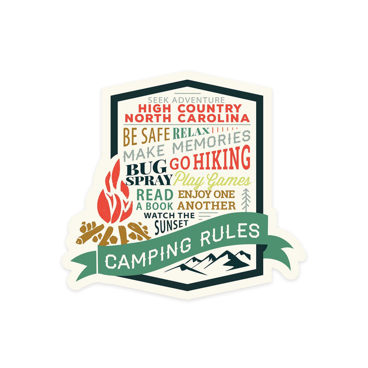 High Country, North Carolina, Camping Rules, Contour, Vinyl Sticker Sticker Lantern Press 