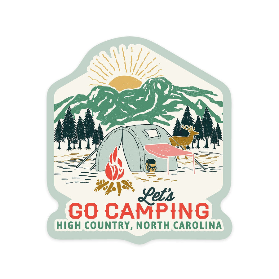 High Country, North Carolina, Let's go camping, Tent, Contour, Vinyl Sticker Sticker Lantern Press 