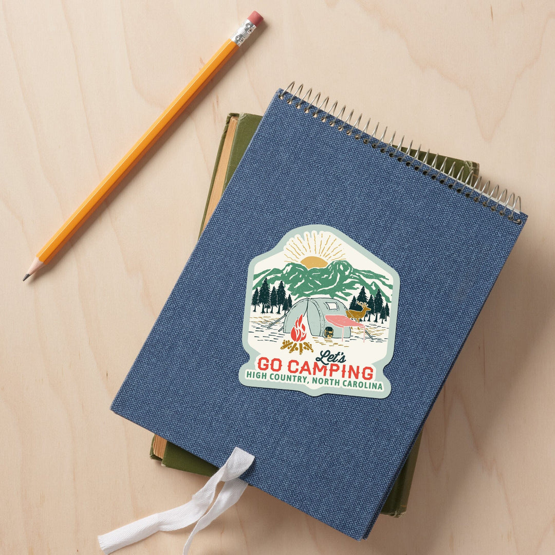 High Country, North Carolina, Let's go camping, Tent, Contour, Vinyl Sticker Sticker Lantern Press 