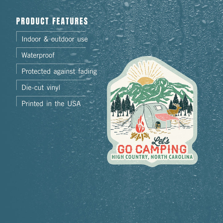 High Country, North Carolina, Let's go camping, Tent, Contour, Vinyl Sticker Sticker Lantern Press 